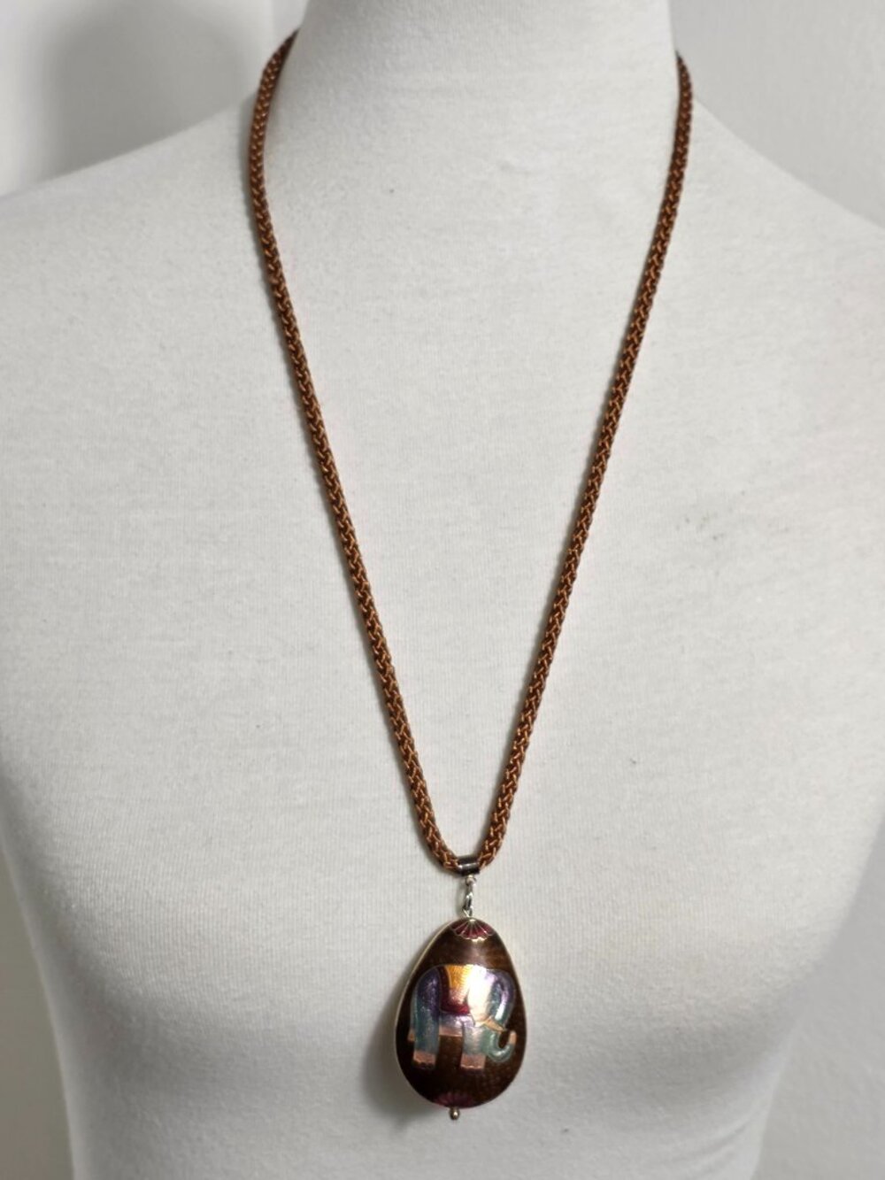 Teardrop Shape Enamel Double-Sided Elephant Pendant Brown with Colorful Elephant
